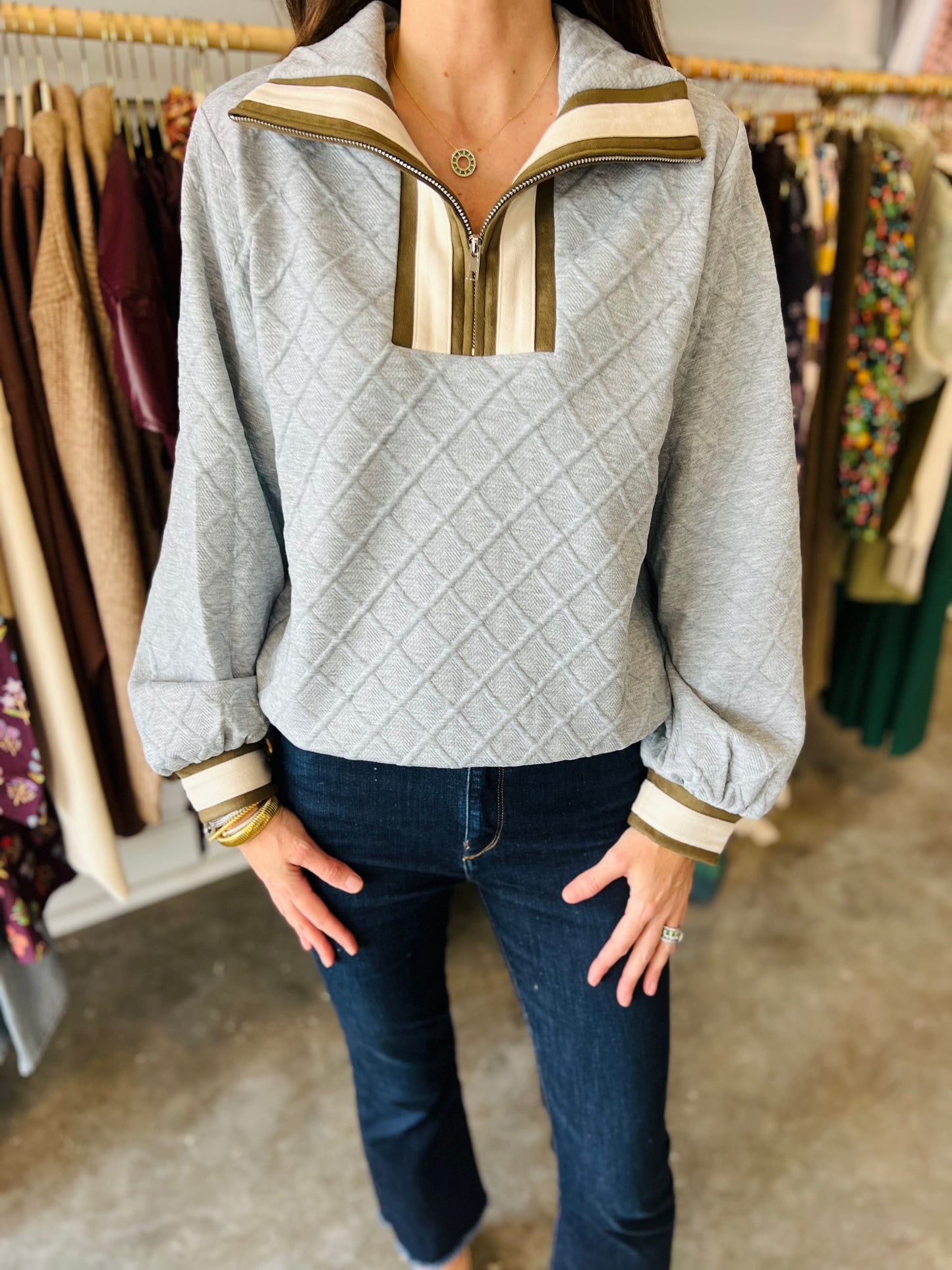 Grey Quilted Zip Sweater
