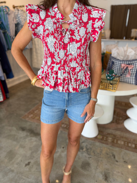 Red Smocked Floral Top
