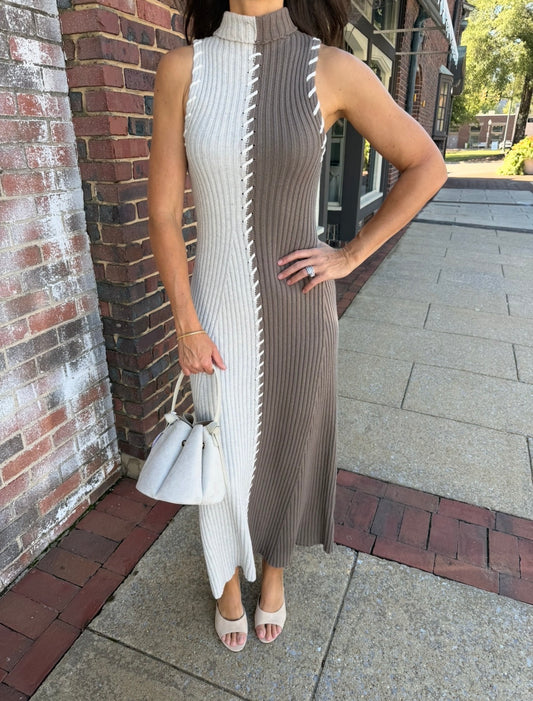 Two Toned Knitted Stitch Detail Midi Dress