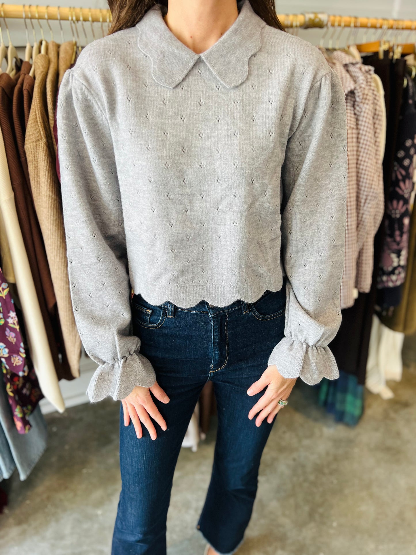 Grey Collar Pointelle Sweater