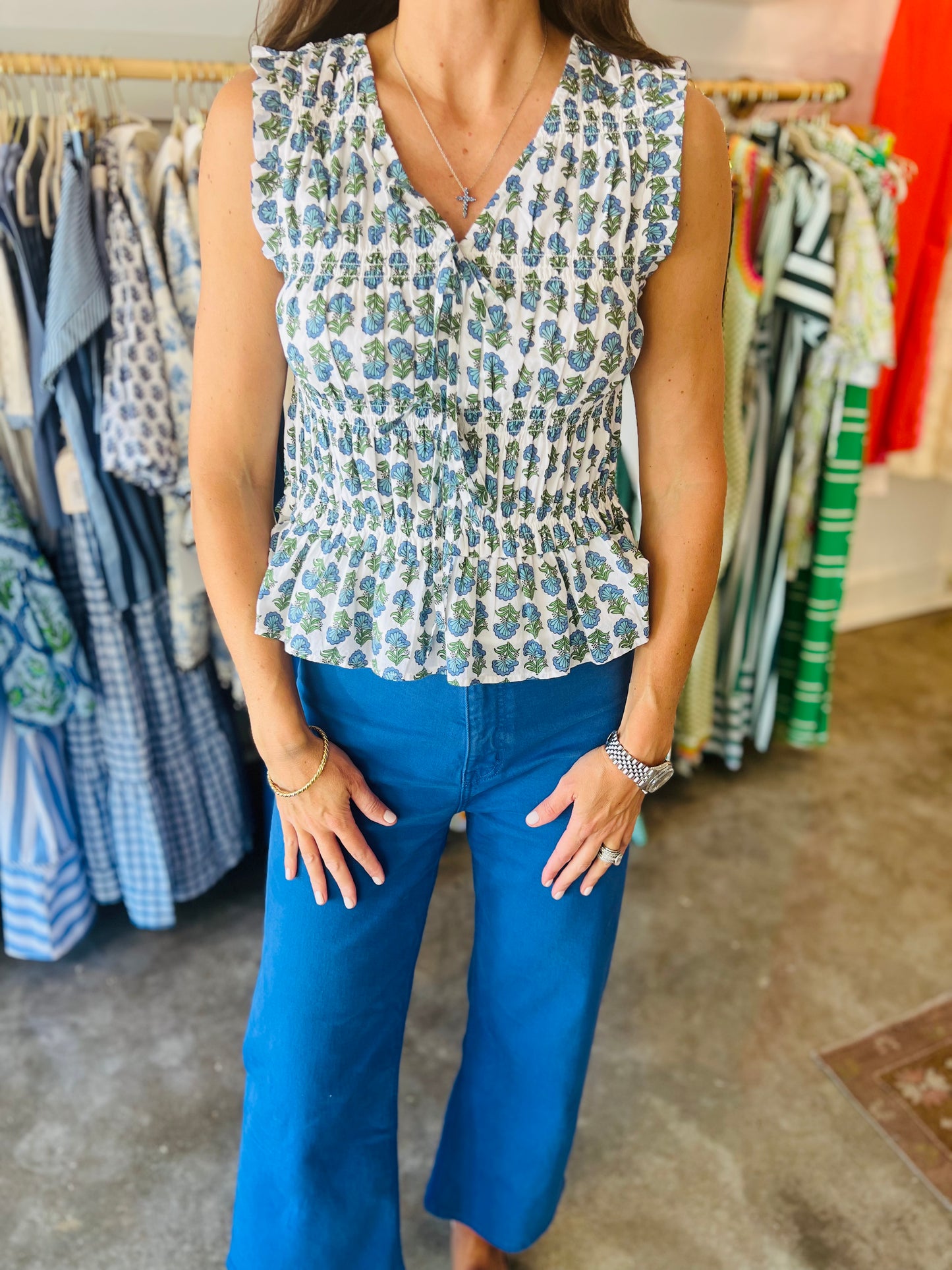 White Print Smock Top