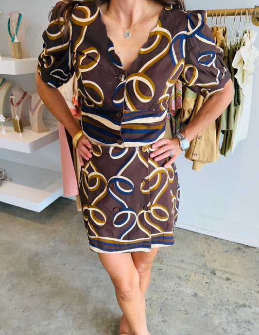 Brown Patterned V-Neck Set