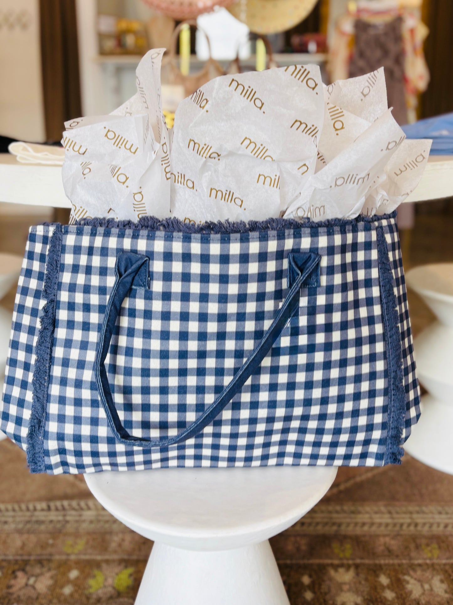 Navy Gingham Tote Bag
