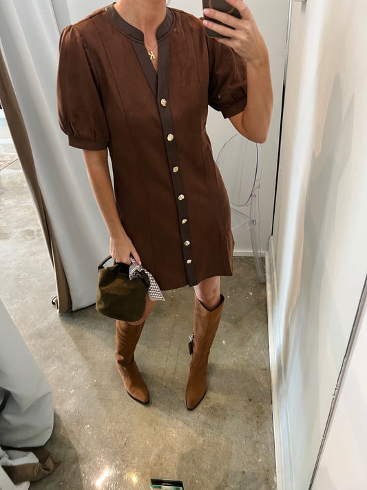 Button Up Suede Puff Sleeve Dress