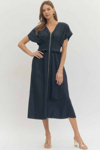 Dark Navy Pleat Waist Dress