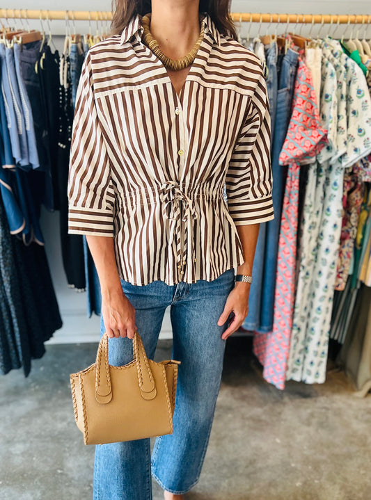 Brown Stripe Tie Waist Top