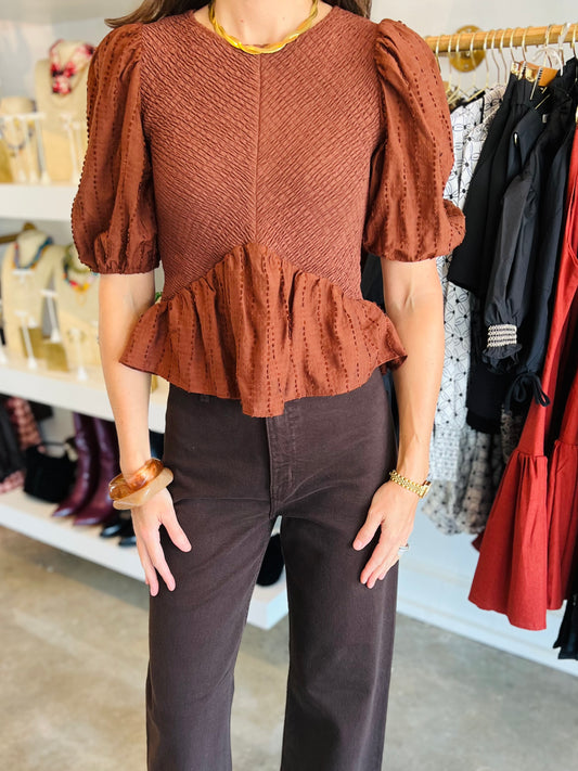 Smocked Peplum Top in Brown