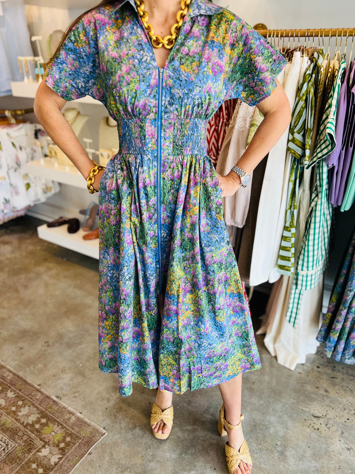 Vneck Zipper Floral Dress