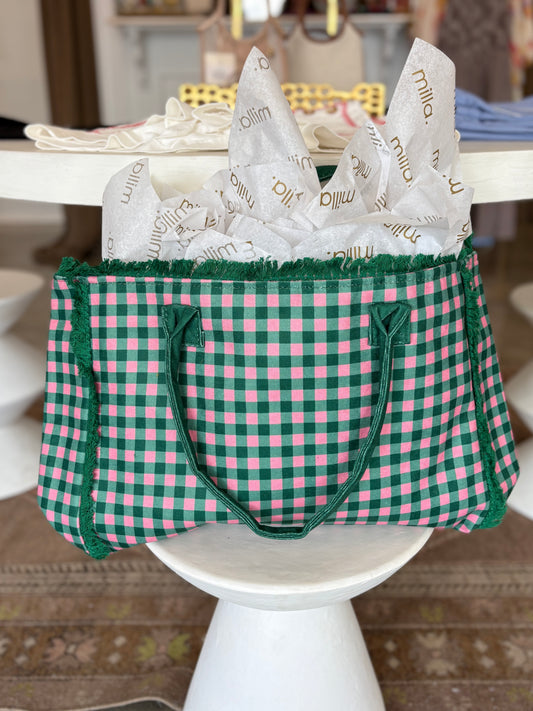 Green Pink Gingham Tote Bag