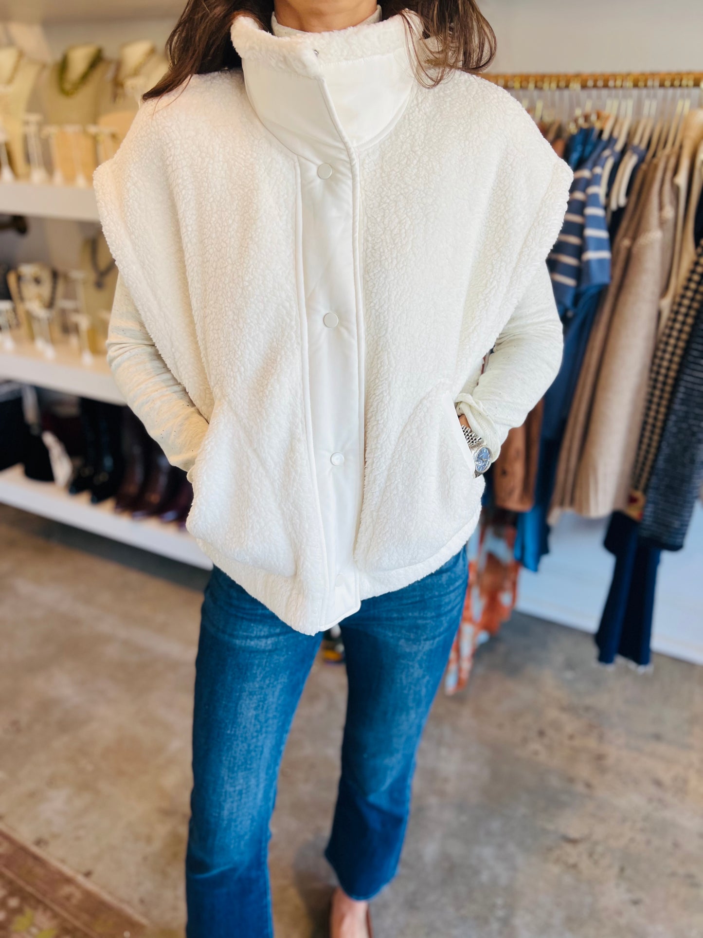 Ivory Fleece Button Down Vest