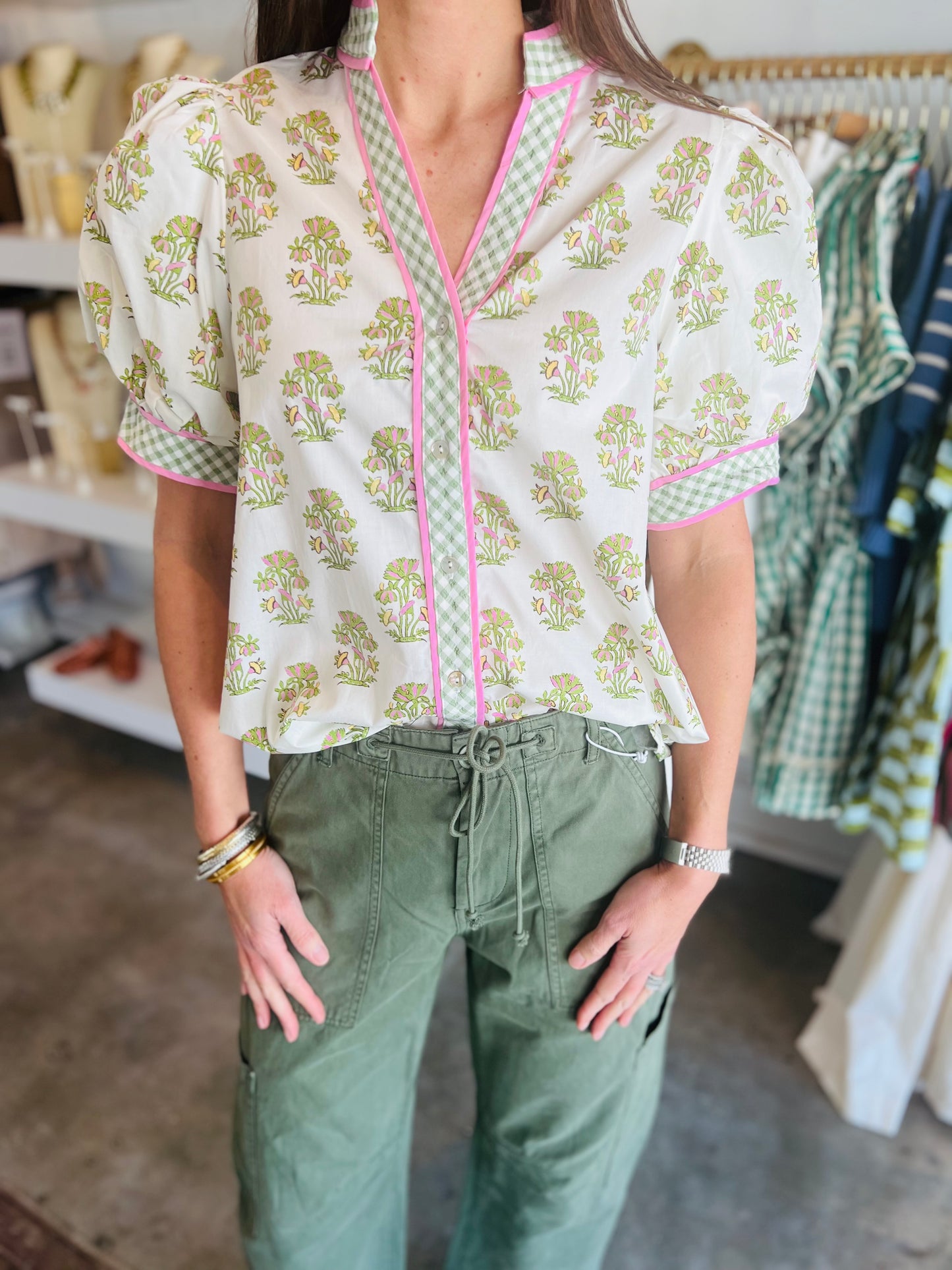 Cream Floral Gingham Blouse