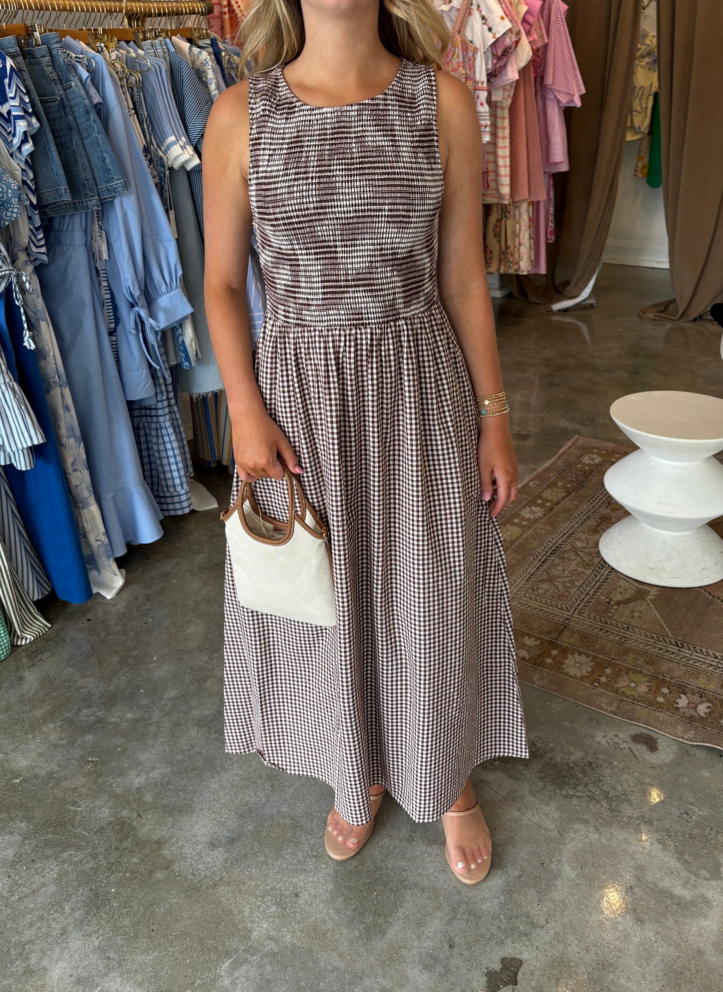 Smocked Sleeveless Gingham Dress