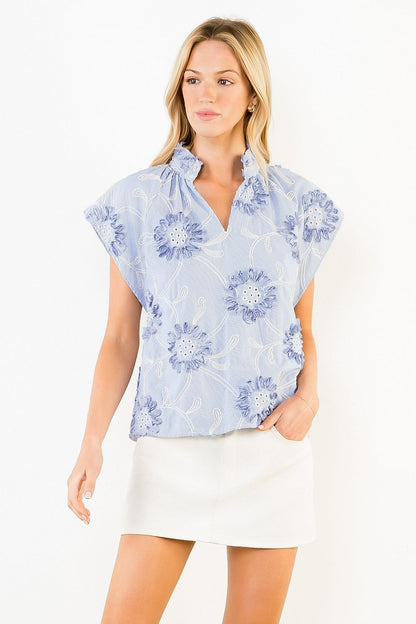 Blue Flower Ribbon Detail Top