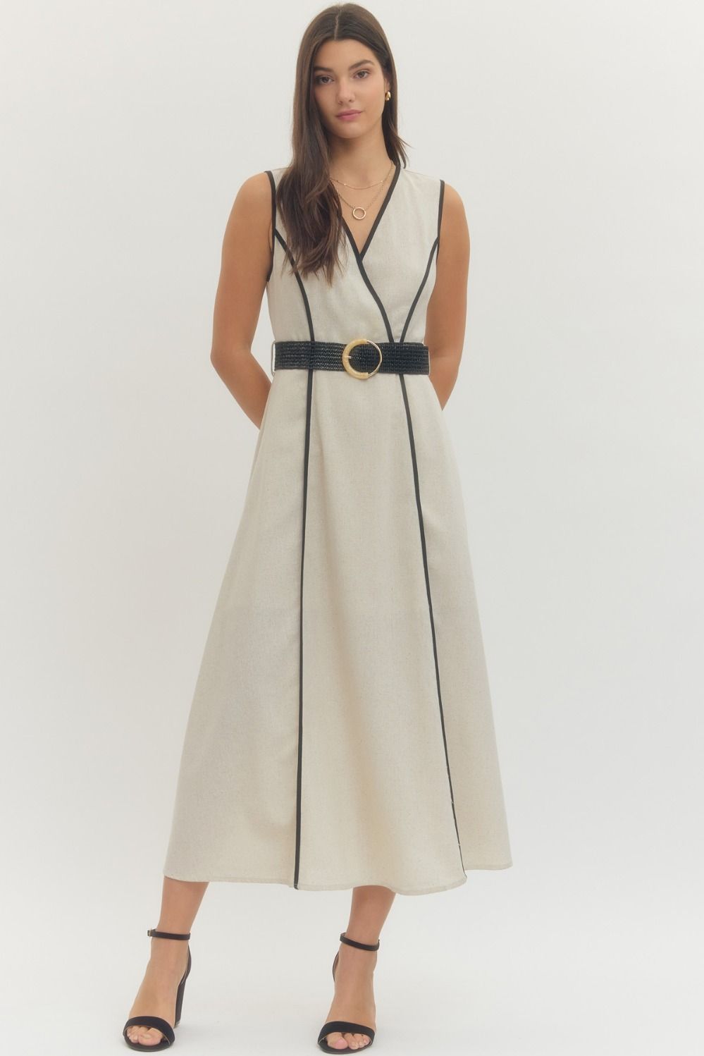 Natural Vneck Belted Dress