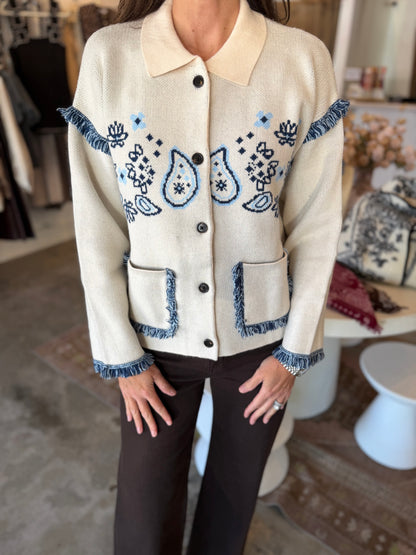 Paisley Embroidered Knit Cardigan
