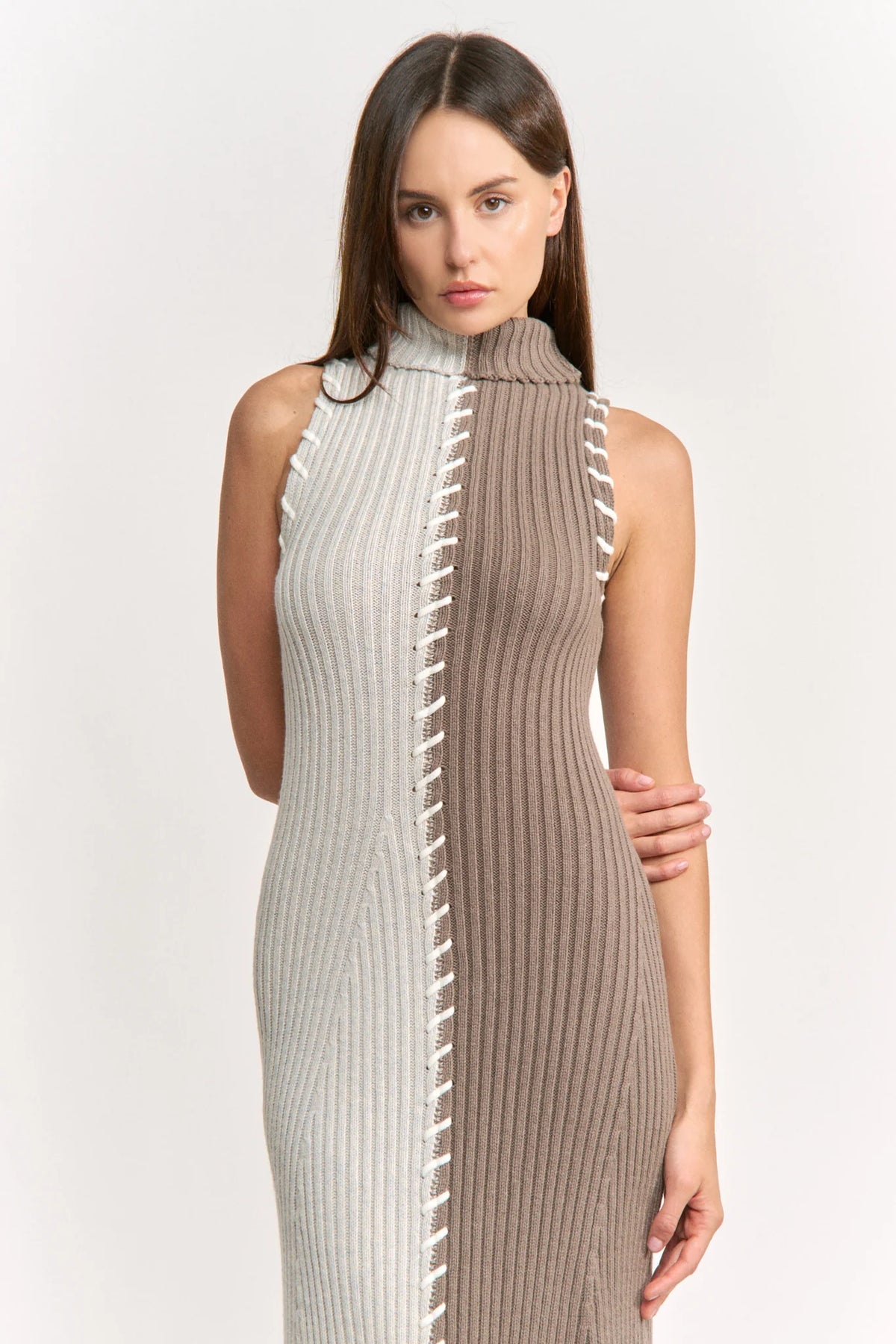 Two Toned Knitted Stitch Detail Midi Dress