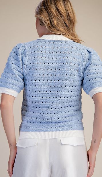 BLUE & WHITE SHORT SWEATER TOP