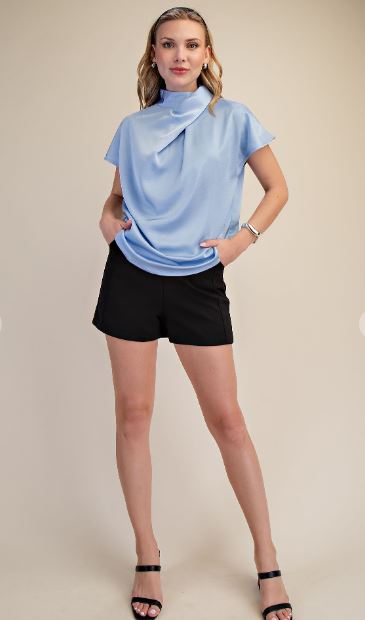 BLUE CHINA COLLAR SHORT SLEEVE TOP