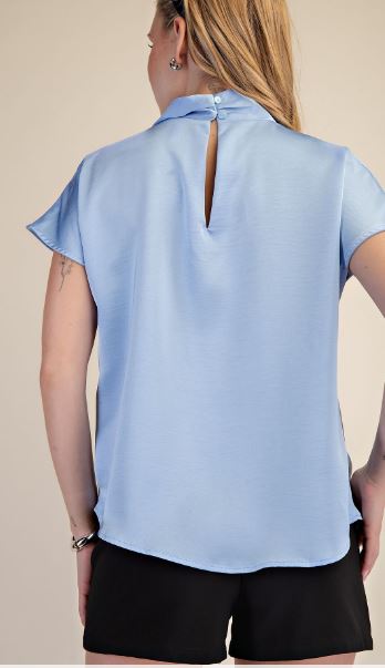 BLUE CHINA COLLAR SHORT SLEEVE TOP