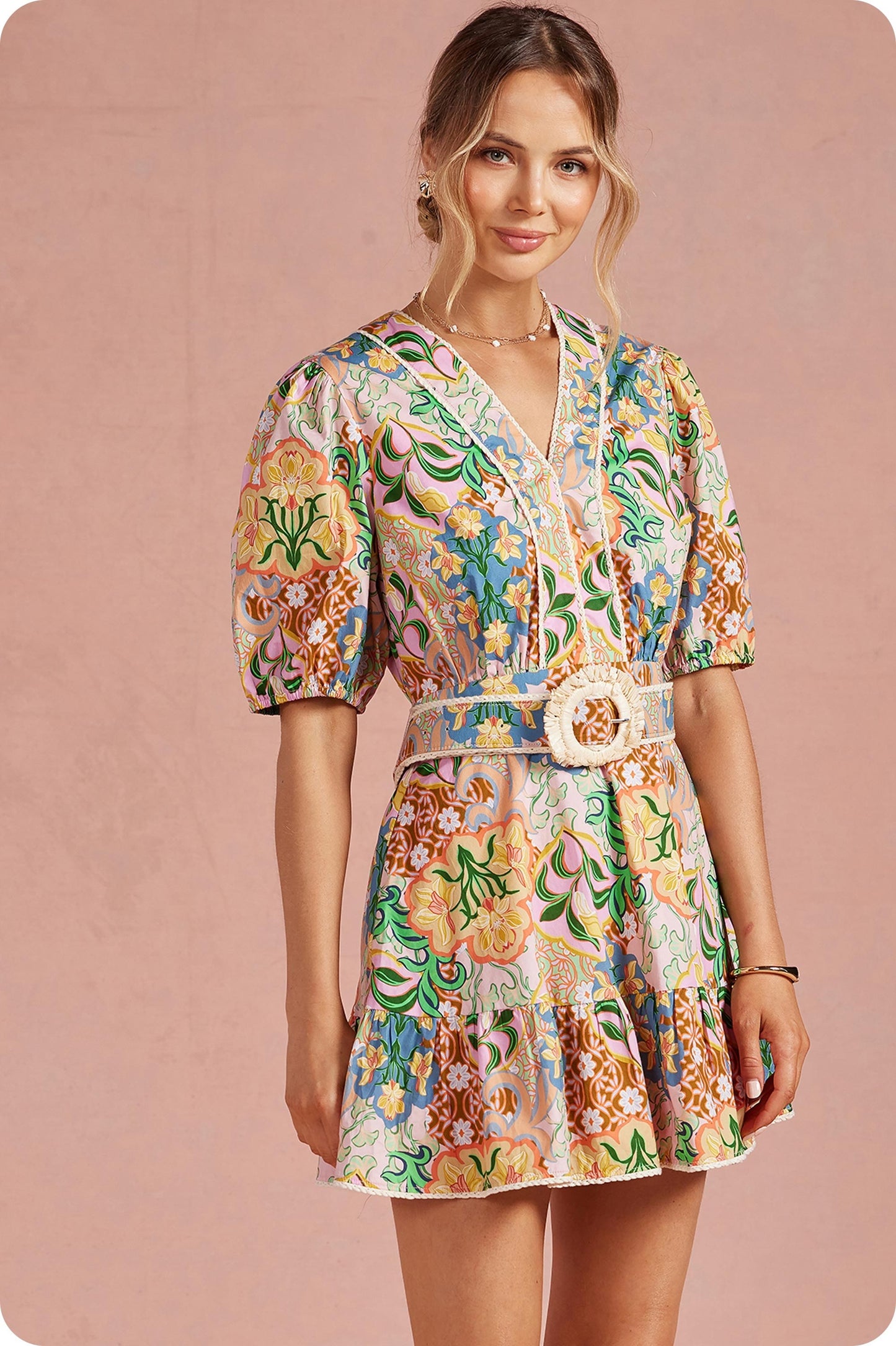 Multi Flower Belted Mini Dress