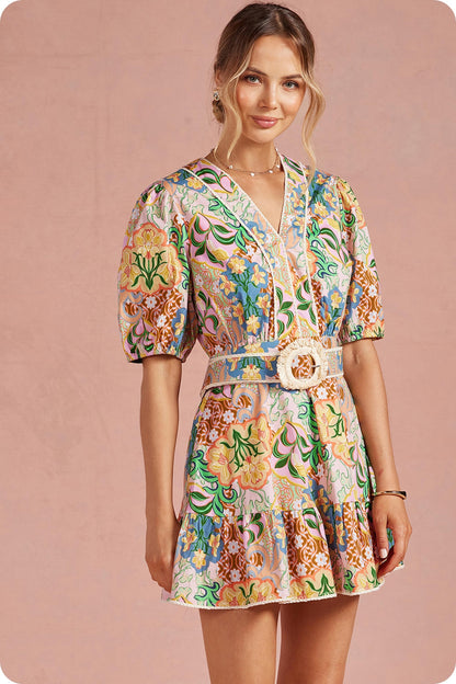 Multi Flower Belted Mini Dress