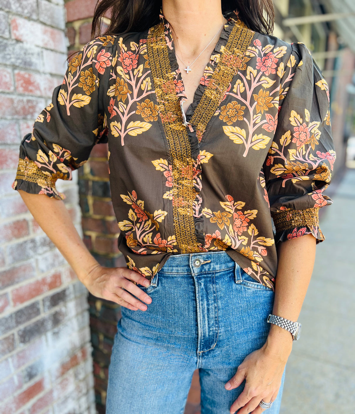 Brown Floral Stem Blouse
